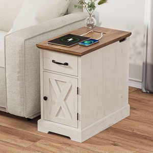 Hommpa Rustic Farmhouse End Table with Charging Station & Storage Shelves Perfect for Small Space - 1 of 4