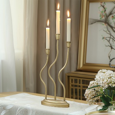 Gold Metal 3-Taper Candle Holder with Twisted Base