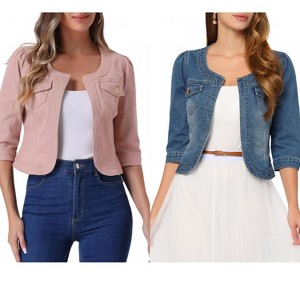 INSPIRE CHIC Women's Collarless Pockets 3/4 Sleeve Crop Denim Jackets 2 Pieces - 1 of 4