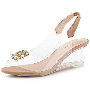 Allegra K Women's Clear Slingback Wedge Heel Rhinestone Peep Toe Sandals - 1 of 4