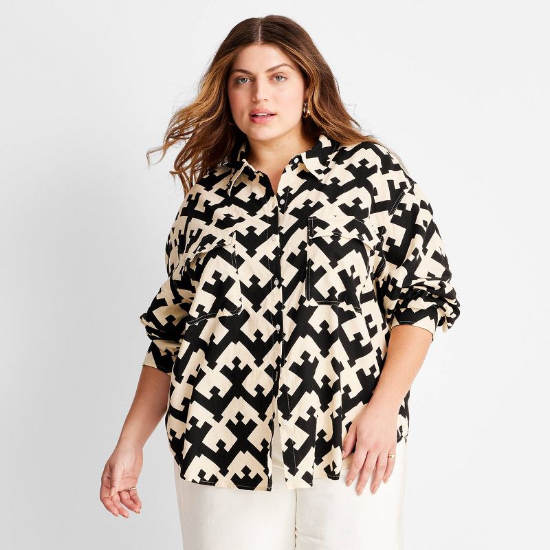 Women's Geo Print Long Sleeve Utility Button-Down Shirt - Future Collective™ with Jenny K. Lopez Black/Cream, 1 of 6