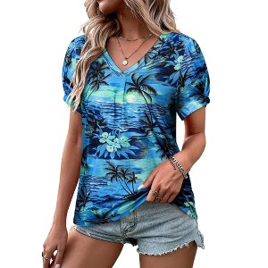 Nlife Womens Puff Short Sleeve Hawaiian Shirts Floral Tropic Printed Pleated V Neck Summer Casual T-Shirt Trendy Boho Blouses Tops - 1 of 4