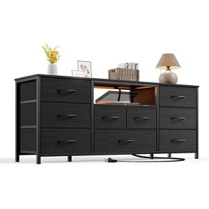 9 Drawer Dresser 55” Long TV Stand for Bedroom Entertainment Center with Power Outlet LED Light for 55"-65" TV Dresser with Fabric Storage Black - 1 of 4