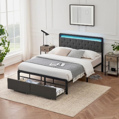 coucheta Queen Bed Frame with & LED Lights Headboard, Platform Bedframe with 2 Storage Drawers