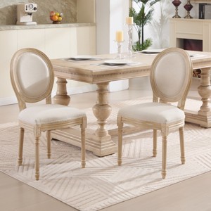 Set of 2 French Country Dining Chairs with Carved Wood Legs and Fan/Round Back in Linen for Kitchen or Dining Room-Cuddlewood - 1 of 4