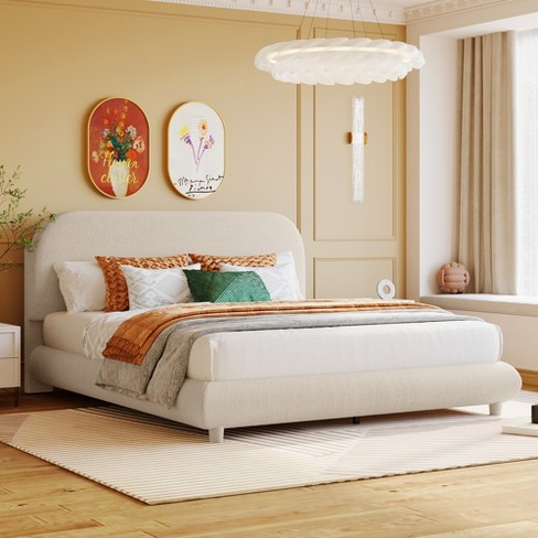 Teddy Fleece Queen Size Upholstered Platform Bed Beige ModernLuxe