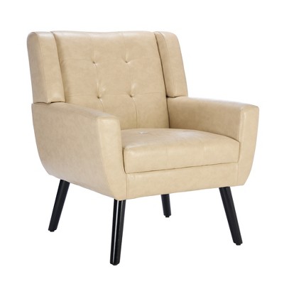 Vynxaria Modern Ergonomic Accent Chair, Khaki PU Living Room Chair, Bedroom Chair with Black Legs