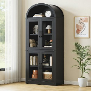 Arched Bookshelf with Doors Farmhouse Bookcase 15.83in Depth Display Storage Shelves 71.4in Tall Wooden Display Cabinet Rounded Bookcases - 1 of 4