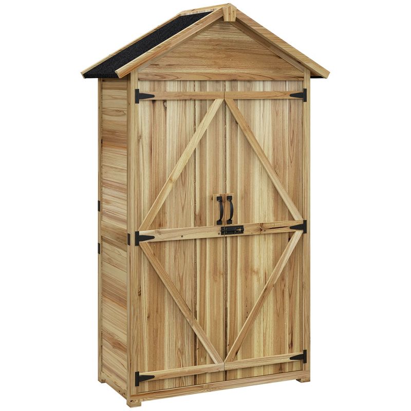Outsunny Outdoor Storage Cabinet with Asphalt Roof, Wooden Garden Shed with Lockable Doors and Shelves, Wood Tool Shed for Backyard, Patio, Natural, 1 of 6