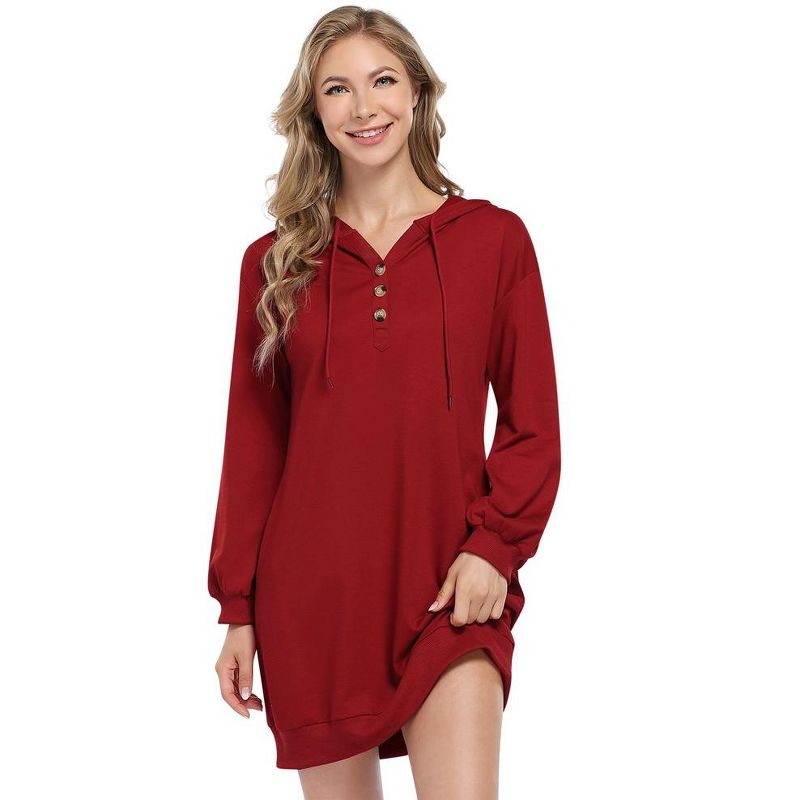 WhizMax Hoodies for Women Long Sleeve Sweatshirt Button Drawstring Casual V-neck Hoodie Dress, 2 of 8