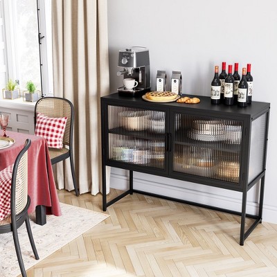 Whizmax Cabinet with Glass Doors Glass Accent Storage Cabinet with Featuring Two-Tier Storage for Entryway Living Room Bathroom Dining Room Black