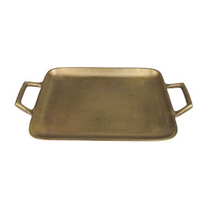 HomeRoots 16" Gold Rustic Metal Tray With Handles - 1 of 4