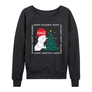 Women's - Coca-Cola - Happy Holidays Bears And Tree Lightweight French Terry Wide Neck Long Sleeve Graphic Shirt - 1 of 4