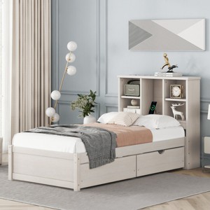 FONTOI Children Twin Size Bed  Modern Frame Beds, Multifunctional Kid Platform Bed with Bookcase Under Bed Drawer, White, 87.2"*42.9"*41" - 1 of 4