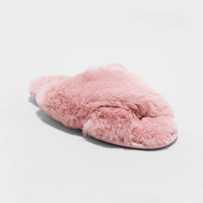 Womens Yours Faux Fur Cross Strap Slippers in Regular Fit - Pink