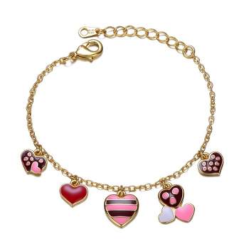 Guili 14k Yellow Gold Plated Adjustable Bracelet with Heart Charms and Colored Enamel for Kids