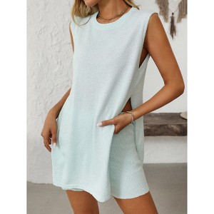 Womens Top and Shorts Set Summer Casual Knit Round Neck Sleeveless Shorts Set - 1 of 4