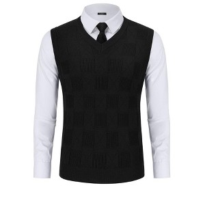 Men's V Neck Sweater Vest Checkered Sleeveless Pullover Knitwear Vest Business Casual Knitted Sweater - 1 of 4