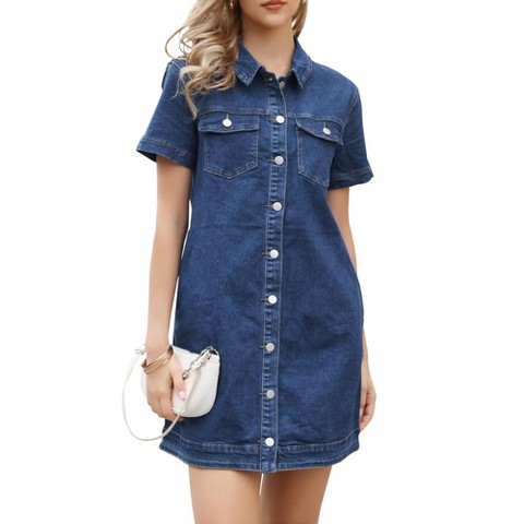 Женские платья INSPIRE CHIC Women's Denim Short Sleeve Turndown Collar Button Down Shift Mini Jean Dresses Medium Dark Blue