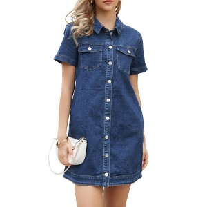 INSPIRE CHIC Women's Denim Short Sleeve Turndown Collar Button Down Shift Mini Jean Dresses - 1 of 4