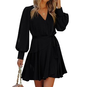 Coolmee Women's Mini Dress Deep V-Neck Long Sleeve Waist Tie Ruffle Short High Low Swing Skater Dresses - 1 of 4