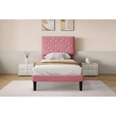 Bed Frames with Button Tufted Headboard - Linen Upholstered Platform Bed with Wooden Slats Support, Easy Assembly, No Box Spring Required