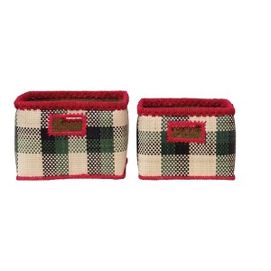 Storied Home Hand-Woven Seagrass Baskets with Check Pattern & Fuchsia Trim, Black, Green & Natural, Set of 2 - 1 of 4