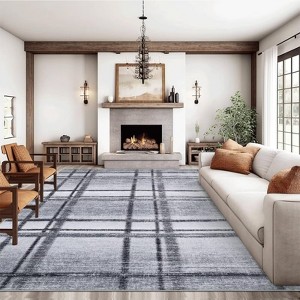 Large 9x12 Machine Washable Rug with Rubber Backing Stain-Resistant Geometric Dining Room Rug Ultra-Soft Plaid Neutral Accent Carpet for Living Room - 1 of 4