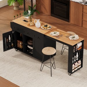 LOVSON 85.5''Extendable Dining Table Kitchen Island with Power Outlet and 3 Open Side Shelves, Kitchen Storage Table with 3 Drawers,2 Doors,Black - 1 of 4