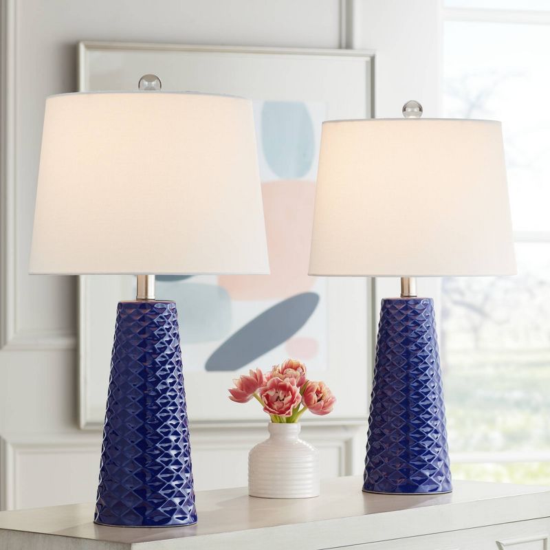360 Lighting Ricky Modern Table Lamps 24" High Set of 2 Deep Blue Triangle Textured Ceramic White Fabric Tapered Drum Shade for Bedroom Living Room, 2 of 8