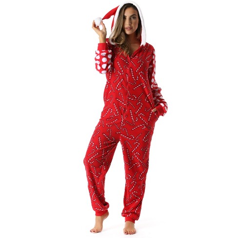 followme Womens One Piece Santa Candy Cane Christmas Adult Onesie Hooded Xmas Pajamas 6445 M