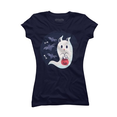Junior's Design By Humans halloween ghost cat By ArtStyleAlice T-Shirt