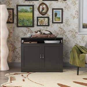 Large Wooden Cat Litter Box Enclosure with Hidden Plug & Double Doors, Indoor Litter Box Furniture Bench Side Table, Espresso - Nertpow - 1 of 4