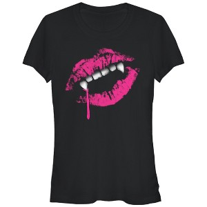 Juniors Womens Lost Gods Halloween Lipstick Vampire Fangs T-Shirt - 1 of 3