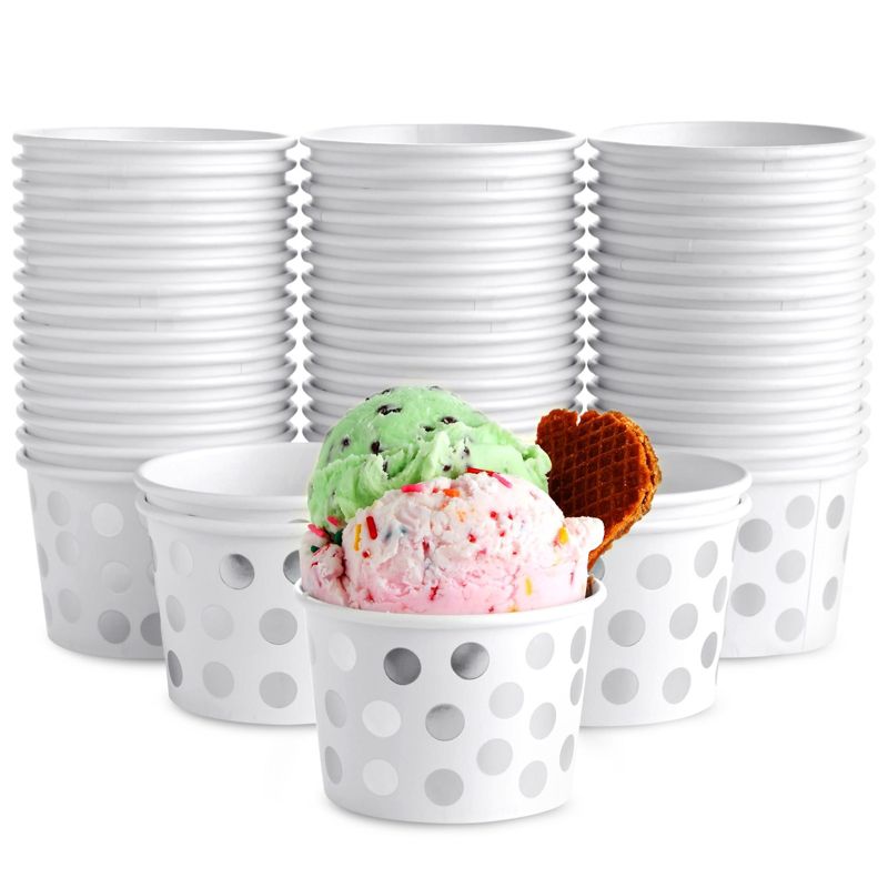 Juvale 50 Pack Paper Ice Cream Cups for Frozen Yogurt, Disposable Dessert Bowls with Silver Foil Polka Dots, 8 oz, 1 of 10