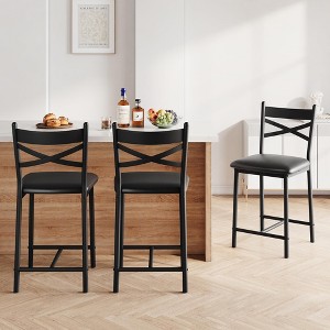 Bar Stool Set with Thick Cushion, PU Leather Upholstered Counter Height Bar Stools with Footrest and Back for Kitchen, Apartment - 1 of 4