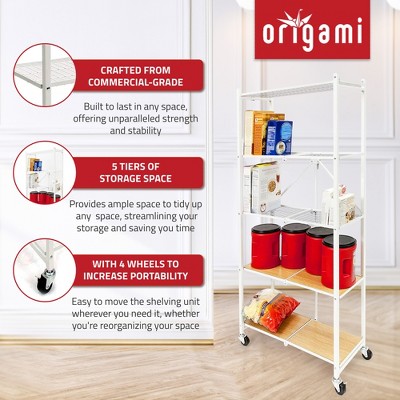White Slim Steel 5-Tier Pantry Rack with Wheels