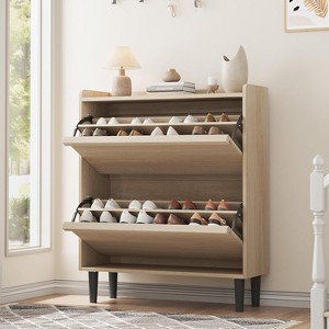 Wooden Shoe Cabinet with 2 Flip Drawers and Adjustable Shelf, Shoe Storage for Entryway, Hidden Shoe Cabinet for Hallway, Living Room, Natural - 1 of 4