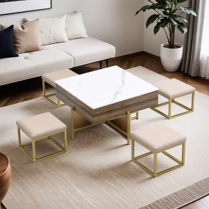 Modern Square Lift-Top Coffee Table Set with Storage & 4 Ottomans - Leovsnove - 1 of 4