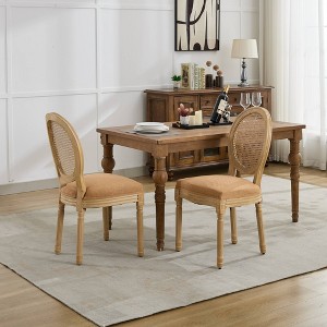 APRILSOUL Furniture French Style Solid Wood Dining Chairs, Antique-Painted, Linen Fabric with Rattan Back, Set of 2 - 1 of 4