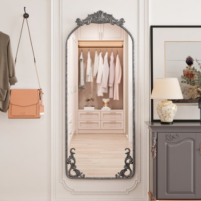 Runesay Arched Full Body Mirror with Vintage Ornate Carved Applique on Top and Bottom, Hanging Wall Mounted Mirror