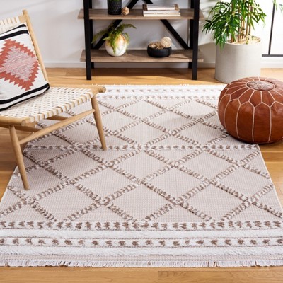 Ivory and Beige Geometric Flat Woven Synthetic Area Rug, 5' x 7'