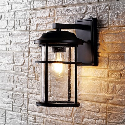 Cianna Matte Black Outdoor Wall Sconce with Seeded Glass Shade, Set of 2