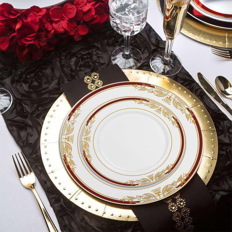 Smarty Had A Party 10.25" White with Burgundy and Gold Harmony Rim Plastic Dinner Plates (120 plates), 4 of 5