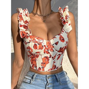 YESFASHION Floral Tanks For Women Lace-up Shoulder Straps With Chest Pad Vocation Summer Strappy Corset - 1 of 4