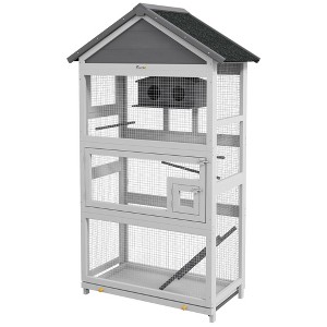 Skyzone Gray Wooden Bird Cage with Slide-Out Tray, Perches, Ladder & Birdhouse - Spacious Aviary - 1 of 4