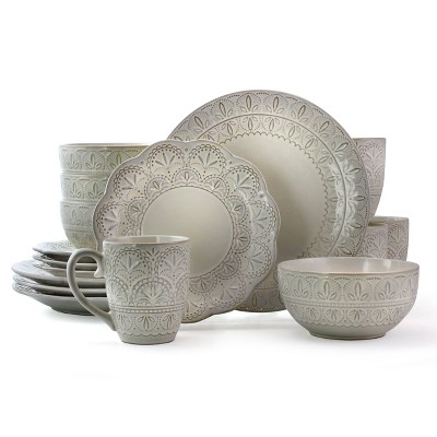 16pc Stoneware Rustic Eyelet Dinnerware Set White - Elama