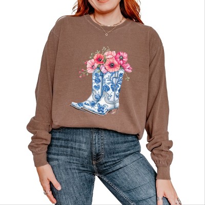 Simply Sage Market Cowboy Boots Floral Garment Dyed Long Sleeve