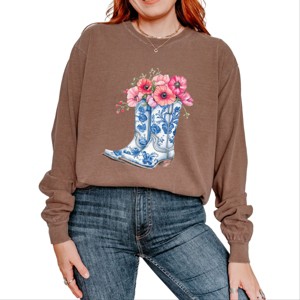 Simply Sage Market Cowboy Boots Floral Garment Dyed Long Sleeve - 1 of 4