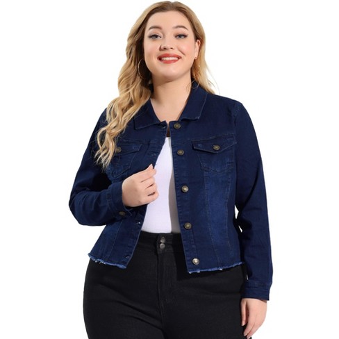 Agnes Orinda Women's Plus Size Long Sleeves Collarless Denim Jacket Blue 1X